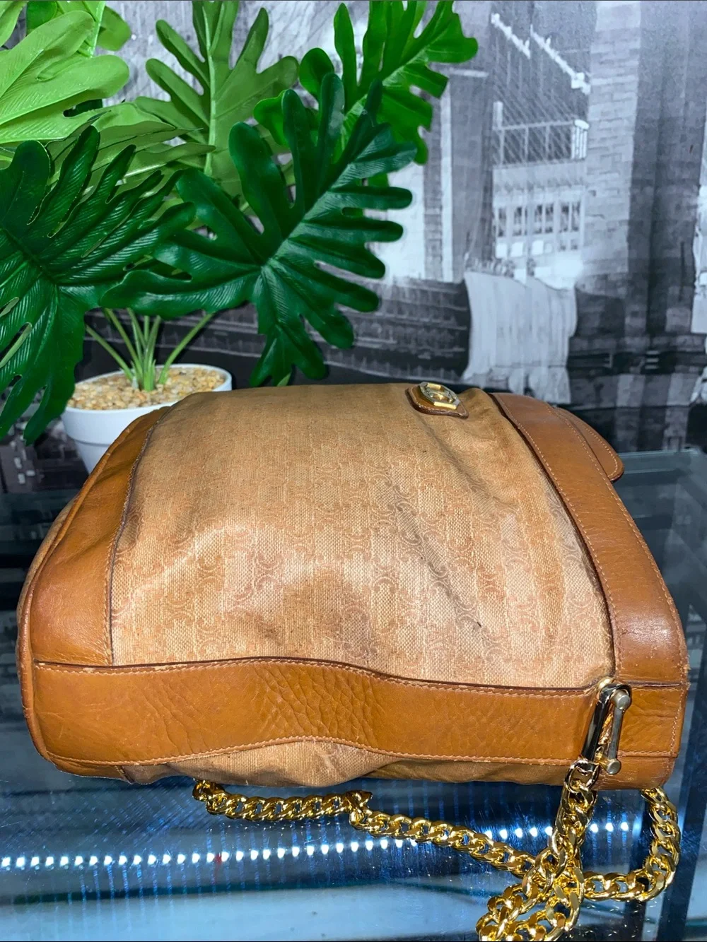 Authentic Vintage Celine Macadam Tan Brown coated Canvas & Leather Shoulder Bag